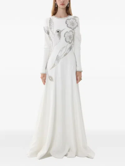 Dina Melwani Crystal-embellished Hummingbird Evening Maxi Gown Dress In White