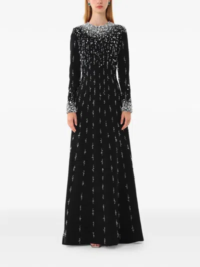 Dina Melwani Crystal-embellished Long-sleeve Maxi Dress In Black