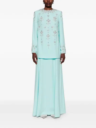 Dina Melwani Crystal-embellished Long-sleeve Maxi Dress In Blue
