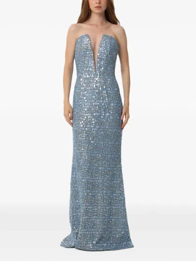 Dina Melwani Crystal-embellished Mesh Maxi Dress In Blue