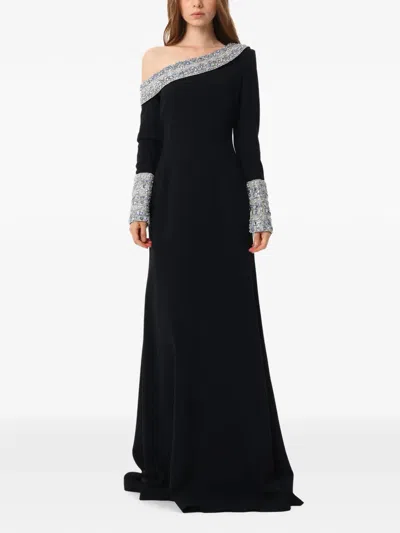 Dina Melwani Crystal-embellished Off-shoulder Maxi Dress In Black