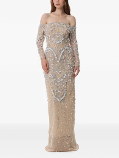 Dina Melwani Crystal-embellished Off-shoulder Maxi Dress In Neutral