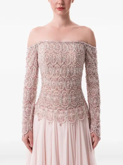 Dina Melwani Crystal-embellished Off-shoulder Maxi Dress In Pink