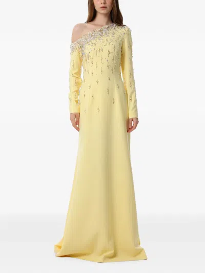 Dina Melwani Crystal-embellished One-shoulder Maxi Gown In Yellow