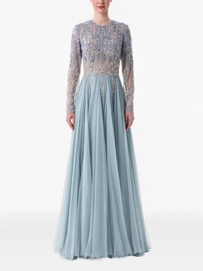 Dina Melwani Crystal-embellished Pleated Maxi Sress In Blue