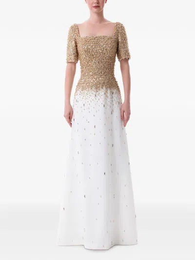Dina Melwani Crystal-embellished Square-neck Maxi Dress In Multi