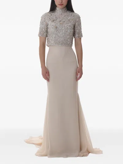 Dina Melwani Crystal-embellished Top And Maxi Skirt In Gray