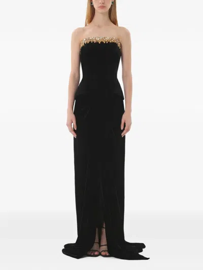 Dina Melwani Crystal-trim Velvet Maxi Gown In Multi