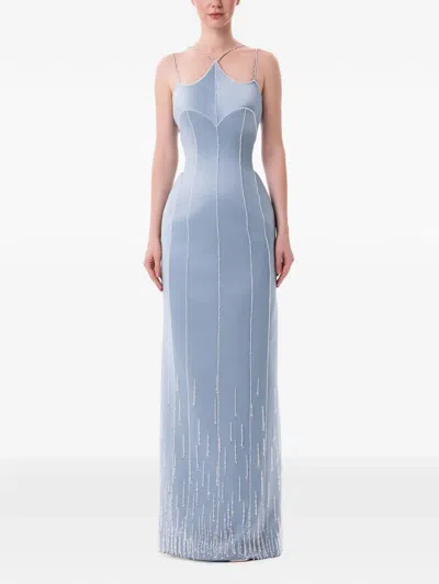 Dina Melwani Crystal-trimmed Satin Maxi Dress In Blue