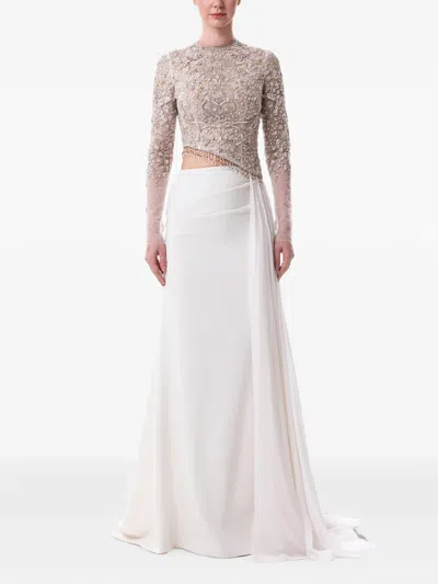 Dina Melwani Embellished Draped Maxi Dress In White