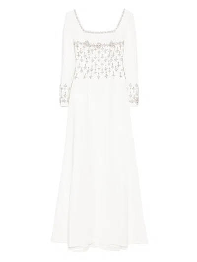 Dina Melwani Embellished Square-neck Maxi Dress In White