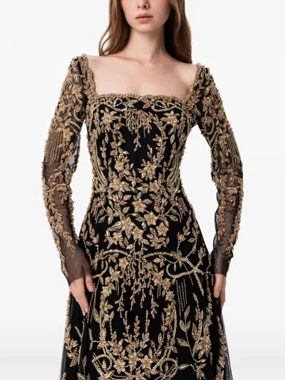 Dina Melwani Embellished Tulle Maxi Dress In Black