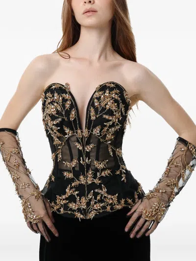 Dina Melwani Embroidered Corset-style Maxi Dress In Brown