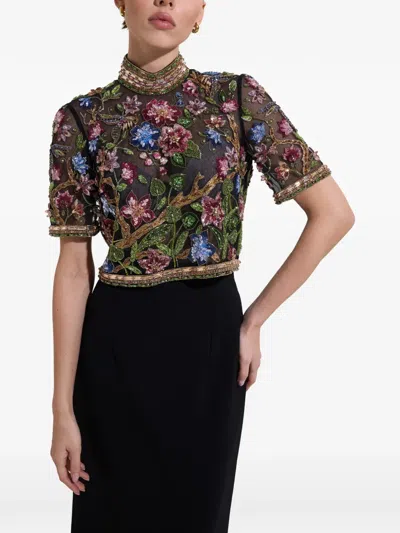 Dina Melwani Embroidered High-neck Maxi Dress In Black