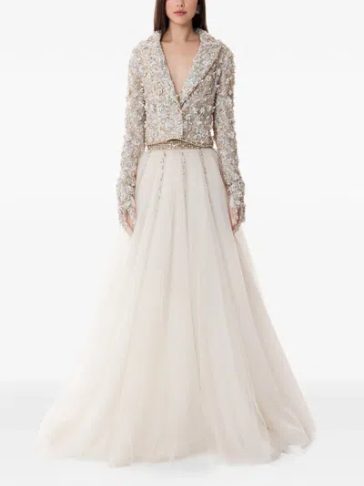 Dina Melwani Embroidered Tulle Maxi Dress In White