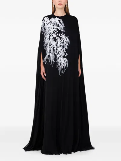 Dina Melwani Feather-print Maxi Dress In Black