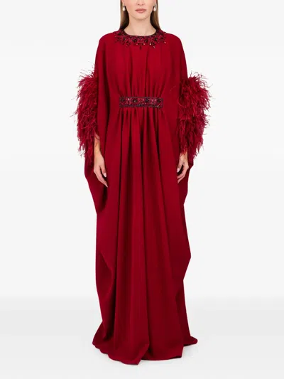 Dina Melwani Feather-sleeve Maxi Dress In Multi