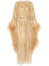 Dina Melwani Feather-trim Beaded Gown In Gold