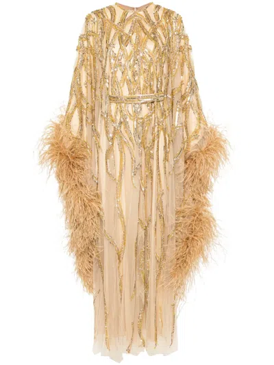 Dina Melwani Feather-trim Beaded Gown In Gold