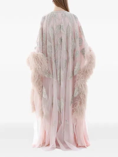 Dina Melwani Feather-trim Crystal-embroidered Maxi Dress In Pink