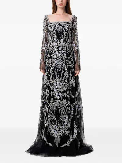 Dina Melwani Filigree-embellished Tulle Maxi Dress In Black