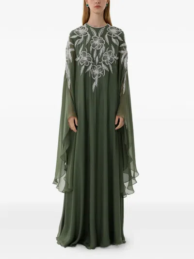 Dina Melwani Floral Crystal-embellished Cape-sleeve Maxi Dress In Green