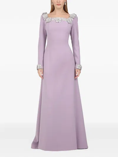 Dina Melwani Floral-embellished Maxi Dress In Purple