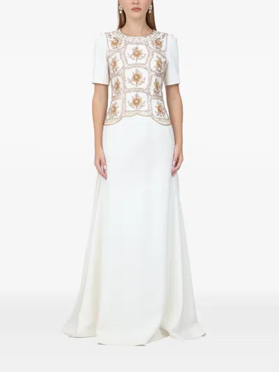 Dina Melwani Floral Embroidered Maxi Dress In White