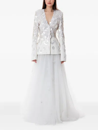 Dina Melwani Floral Sequin-embroidered Maxi Gown In White