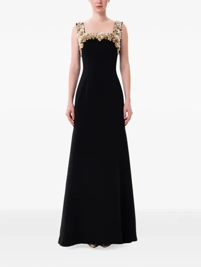 Dina Melwani Floral-appliqué Square-neck Maxi Dress In Black