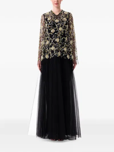 Dina Melwani Floral-embellished Layered Maxi Dress In Multi
