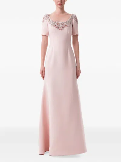 Dina Melwani Floral-embellished Scoop-neck Maxi Dress In Pink