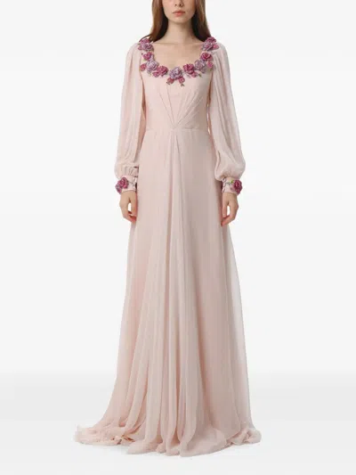 Dina Melwani Floral-embellished Silk Maxi Dress In Pink