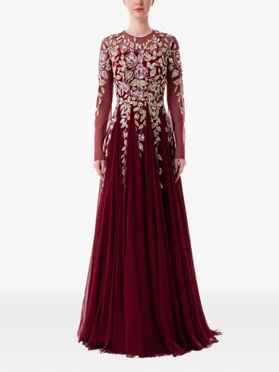 Dina Melwani Floral-embroidered Chiffon Maxi Dress In Red
