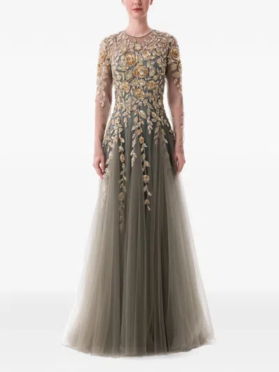 Dina Melwani Floral-embroidered Chiffon Maxi Dress In Red