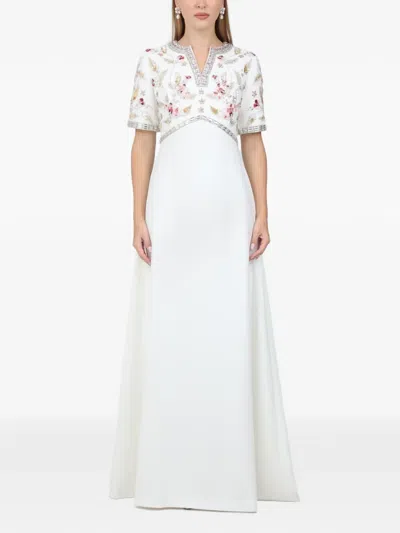Dina Melwani Floral-embroidered Crystal-embellished Maxi Gown In Black
