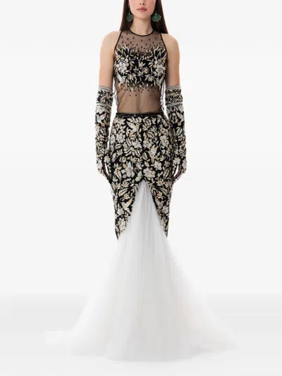 Dina Melwani Floral-embroidered Maxi Gown Set In Black