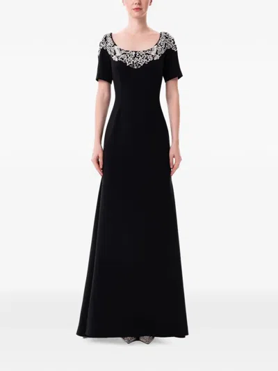 Dina Melwani Floral-embroidered Scoop-neck Maxi Dress In Black