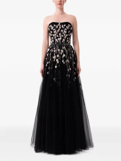 Dina Melwani Floral-embroidered Strapless Maxi Dress In Black