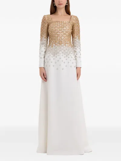 Dina Melwani Gold Silver Ombré Crystal-embroidered Gown In White
