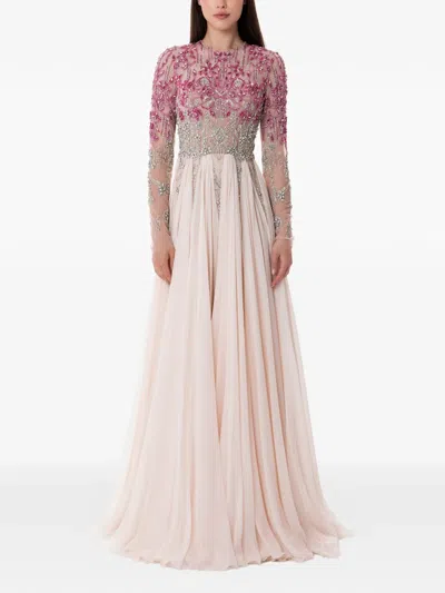Dina Melwani Hand-embroidered Crystal Maxi Gown In Gray