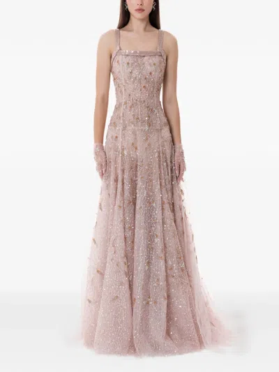 Dina Melwani Hand-embroidered Stardust Tulle Maxi Gown In Neutral