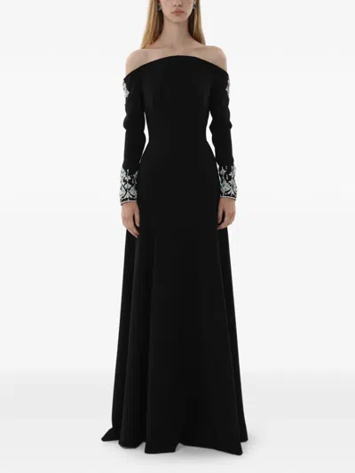 Dina Melwani Off-shoulder Crystal-embellished Maxi Gown In Black