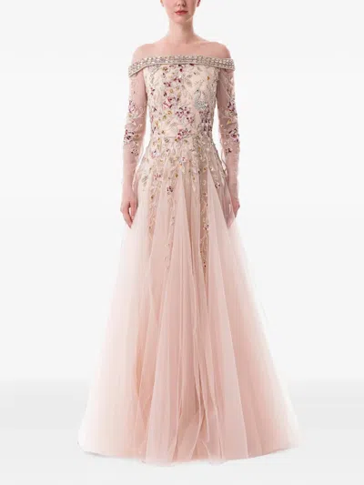 Dina Melwani Peacock-embroidered Off-shoulder Maxi Dress In Neutral