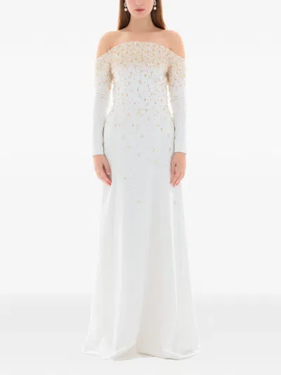 Dina Melwani Pearl Crystal Embellished Gown In White