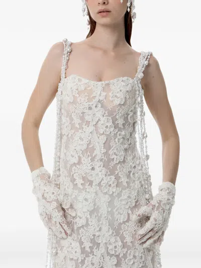 Dina Melwani Pearl-embellished Lace Maxi Dress In White