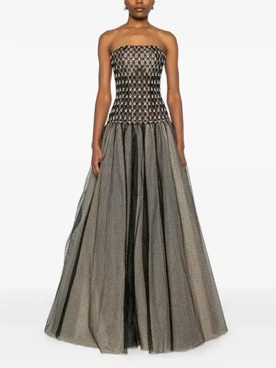 Dina Melwani Sequin-embellished Tulle Maxi Dress In Black