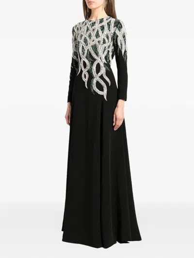 Dina Melwani Sheer-tulle Crystal-embroidery Maxi Dress In Black