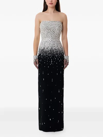 Dina Melwani Strapless Crystal Maxi Gown In Black