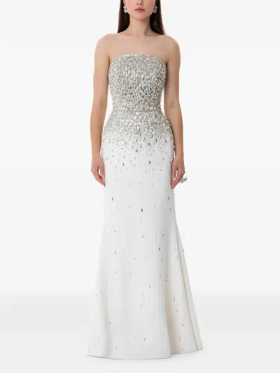 Dina Melwani Strapless Crystal Maxi Gown In White